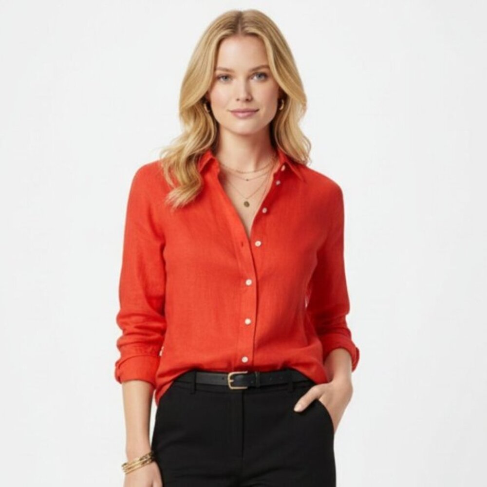 J. Crew 100% Linen Orange Long Sleeve Button Up Blouse Top Sz 6